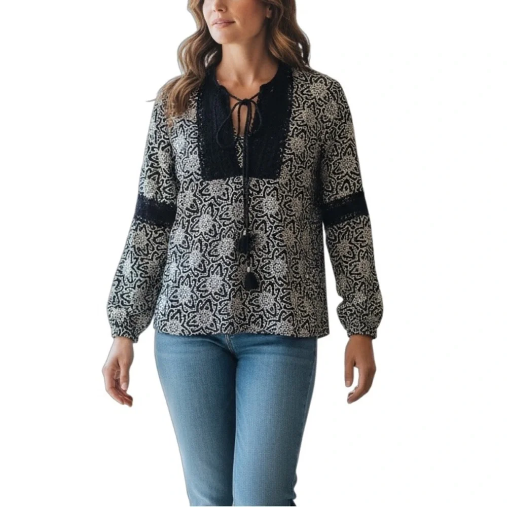 Tory Burch Boho Floral Lace Trim Top Long Sleeve Blouse Size 6